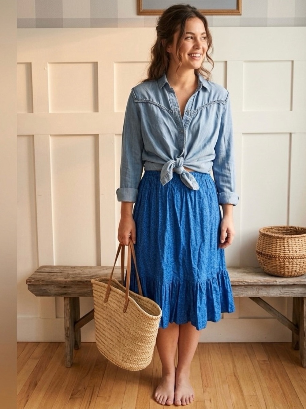 Vintage Ruffle Blue Midi Skirt with Ruffle Hem Small